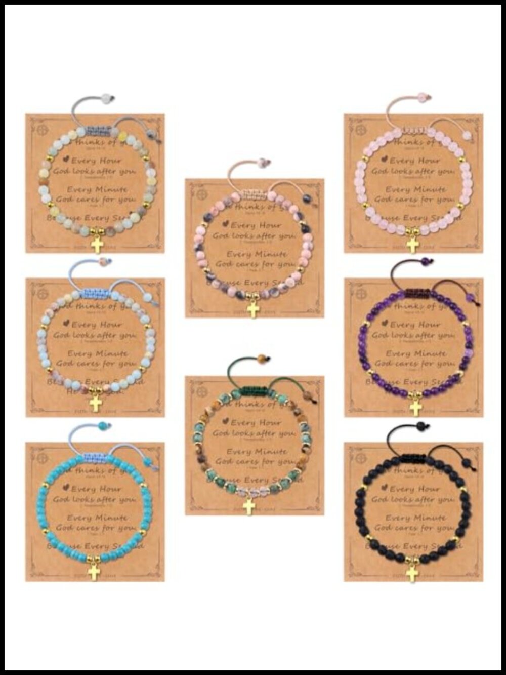 Christian Cross Bracelet for Women, 4mm Natural Stone Bead Adjustable Cord